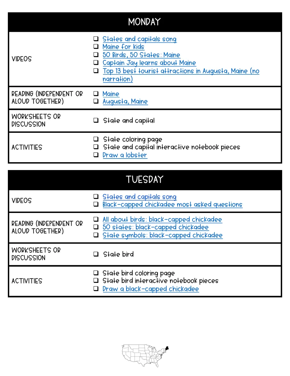 Monday and Tuesday plans: Augusta and the black-capped chickadee, with video links, readings, coloring and drawing tasks