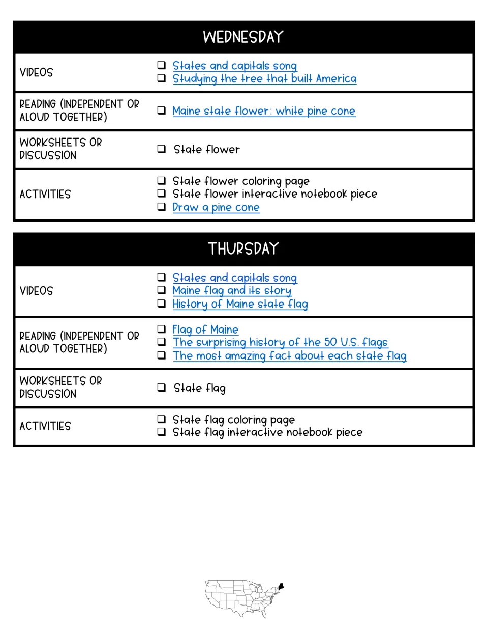 Wednesday and Thursday plans: white pine cone flower and Maine flag, with videos, readings, worksheets and notebook pieces