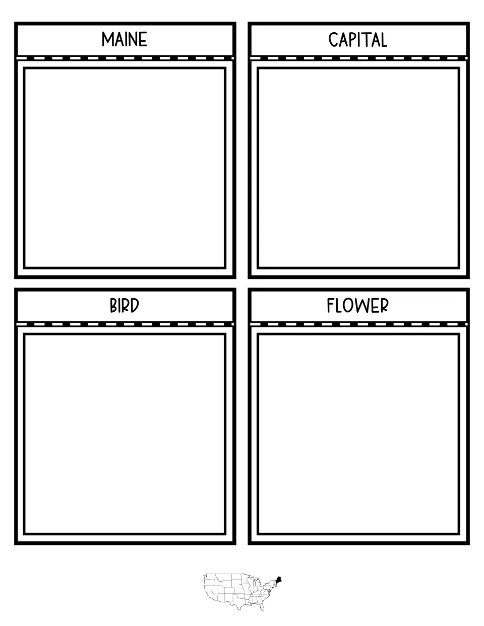 Interactive notebook flaps labeled Maine, Capital, Bird and Flower, each with a fold line and blank space for facts