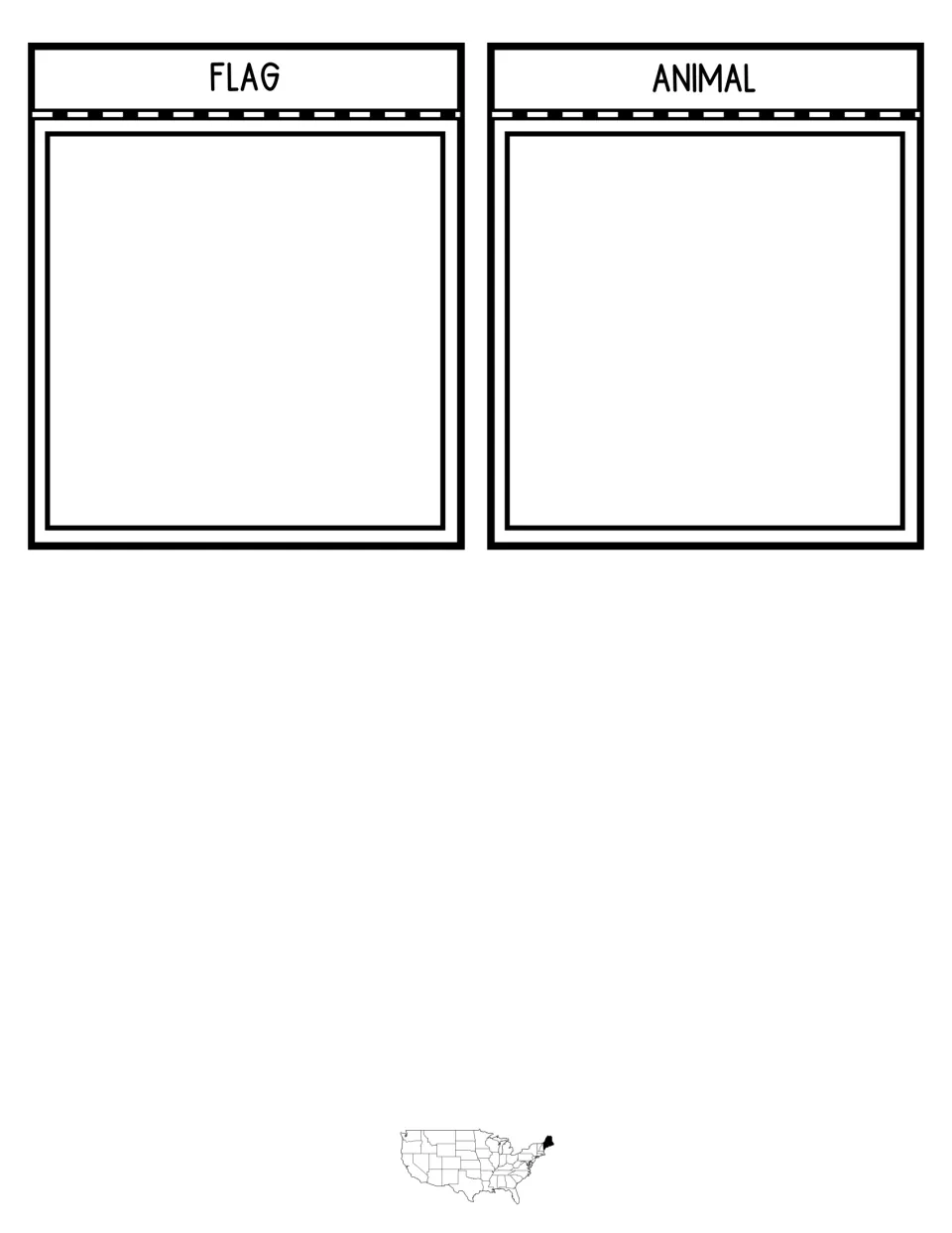 Interactive notebook flaps labeled Flag and Animal, each with a dashed fold line and a blank panel for drawing or notes
