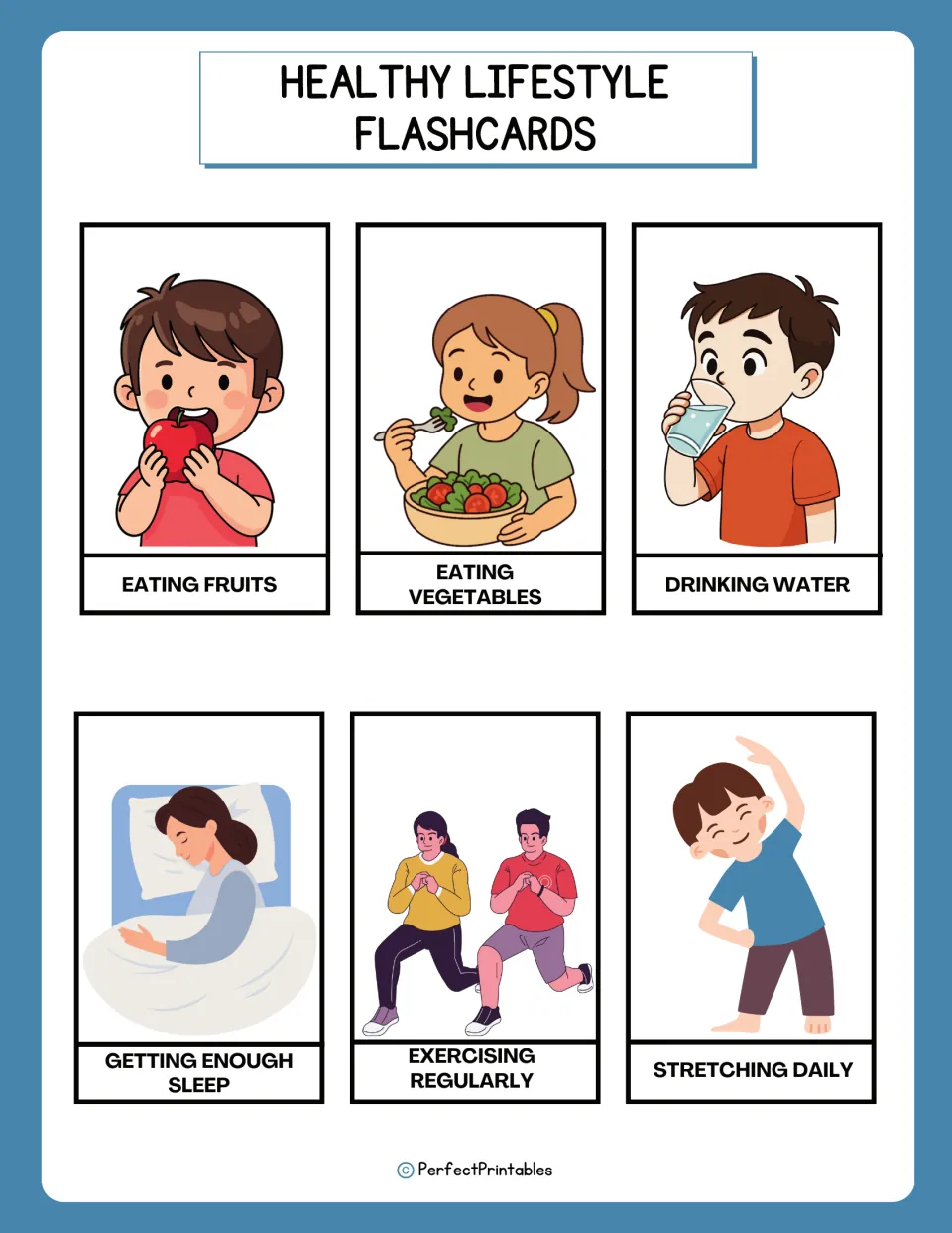 Healthy habit flashcards 1–6: eating fruits, eating vegetables, drinking water, and three more habits