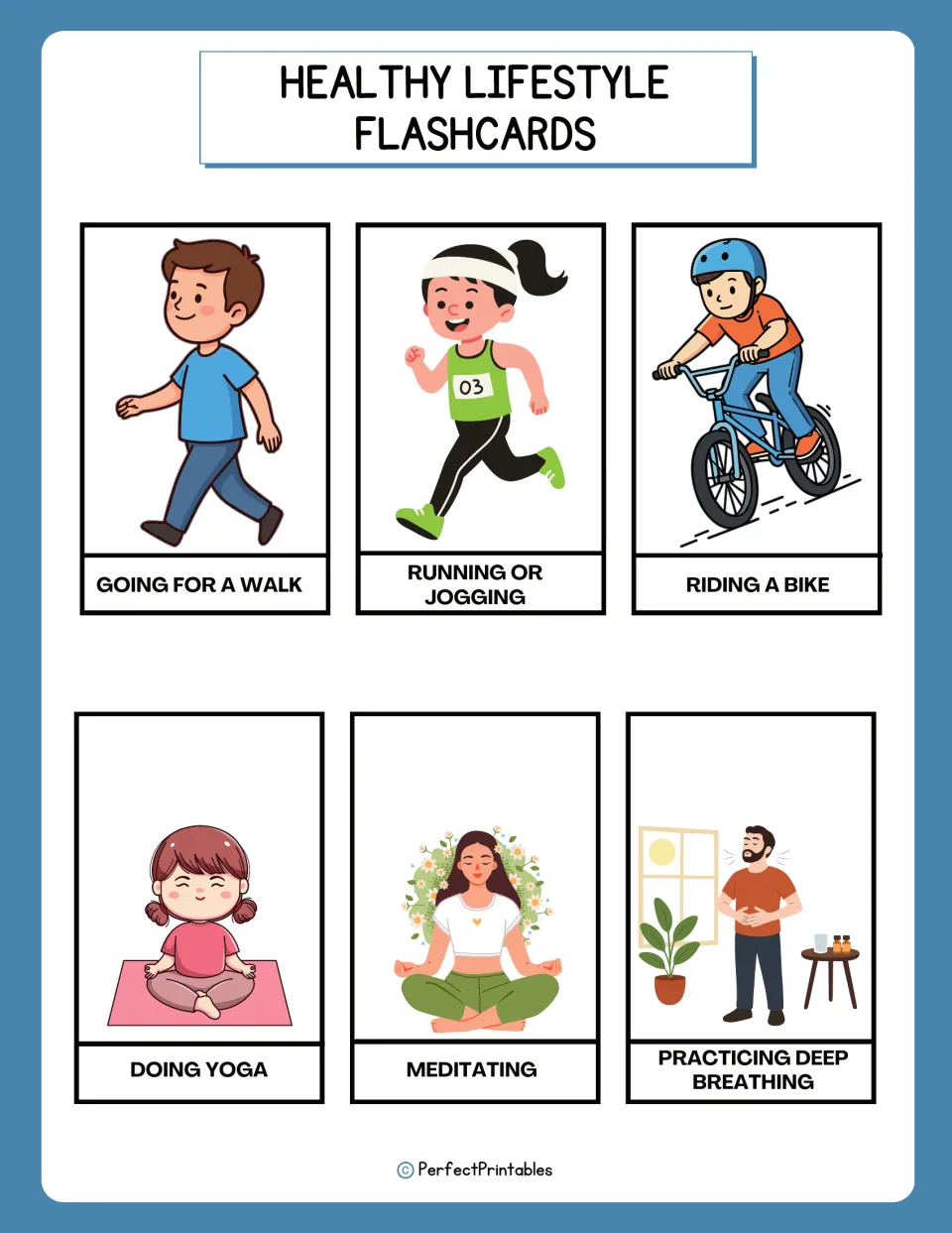 Healthy habit flashcards 7–12: going for a walk, running or jogging, riding a bike, and three more habits