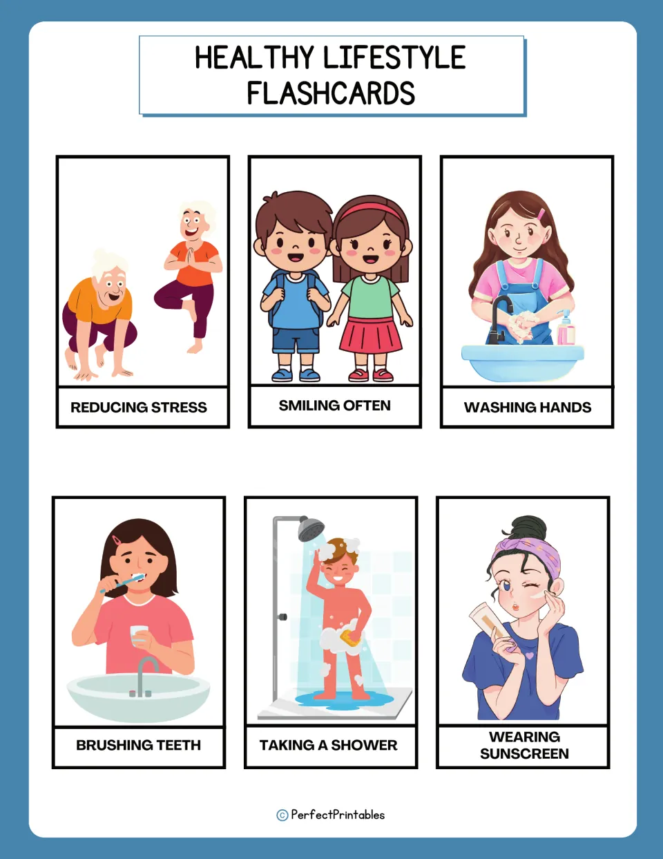 Healthy habit flashcards 13–18: reducing stress, smiling often, washing hands, and three more habits