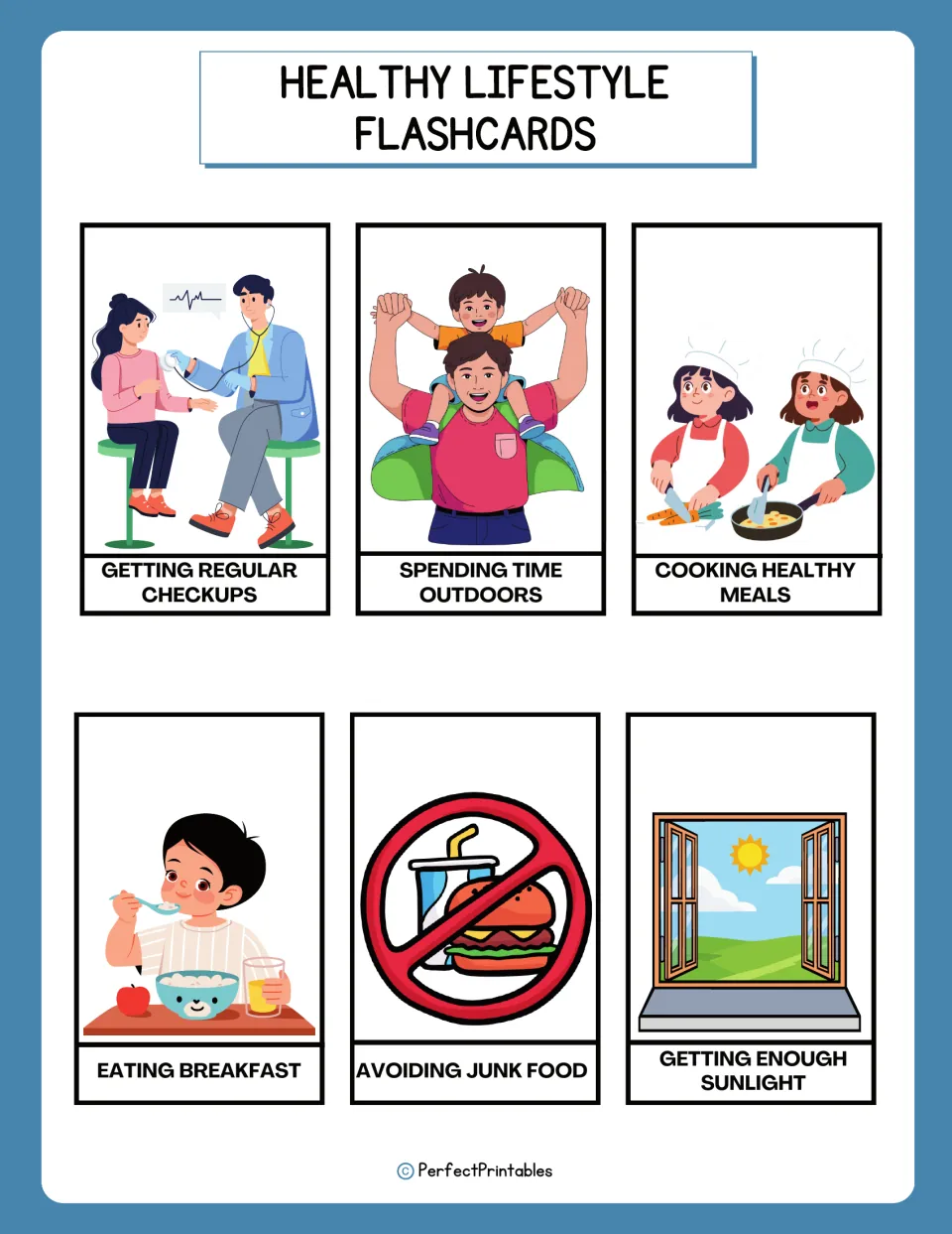Healthy habit flashcards 19–24: getting regular checkups, spending time outdoors, and four more habits