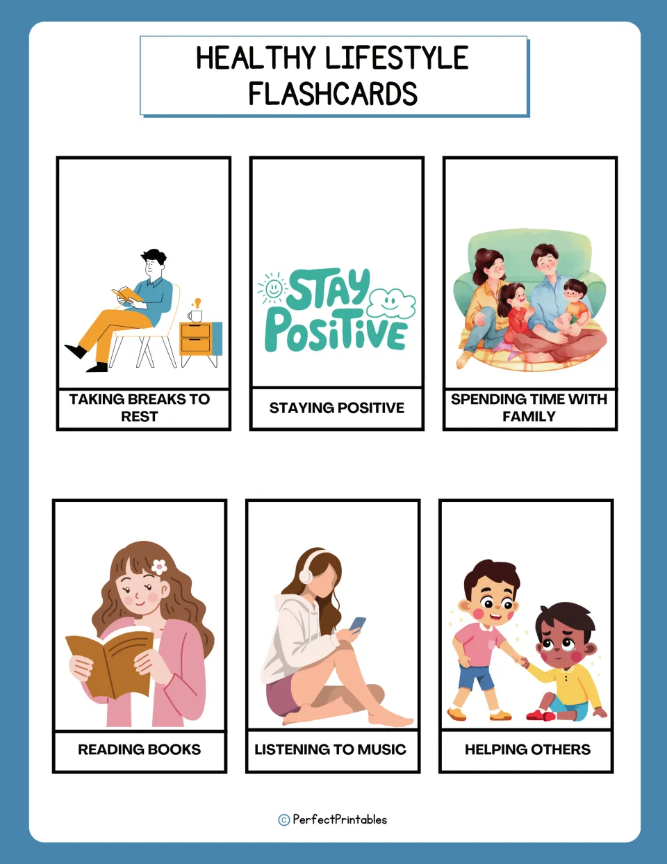 Healthy habit flashcards 25–30: taking breaks to rest, staying positive, reading books, and three more habits