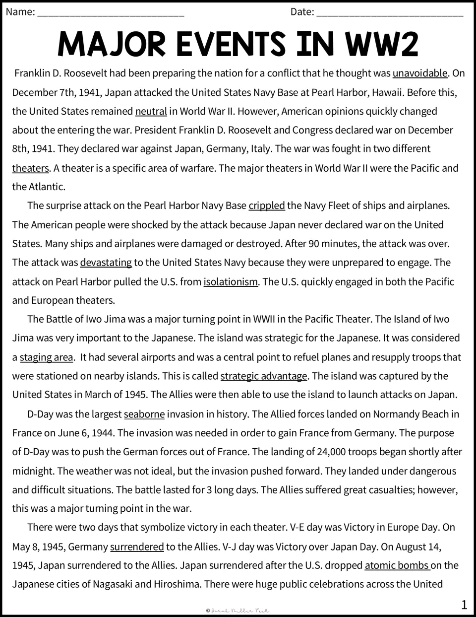 WW2 reading passage, part 1: students read about Pearl Harbor, Iwo Jima, D-Day, V-E Day and V-J Day with underlined terms