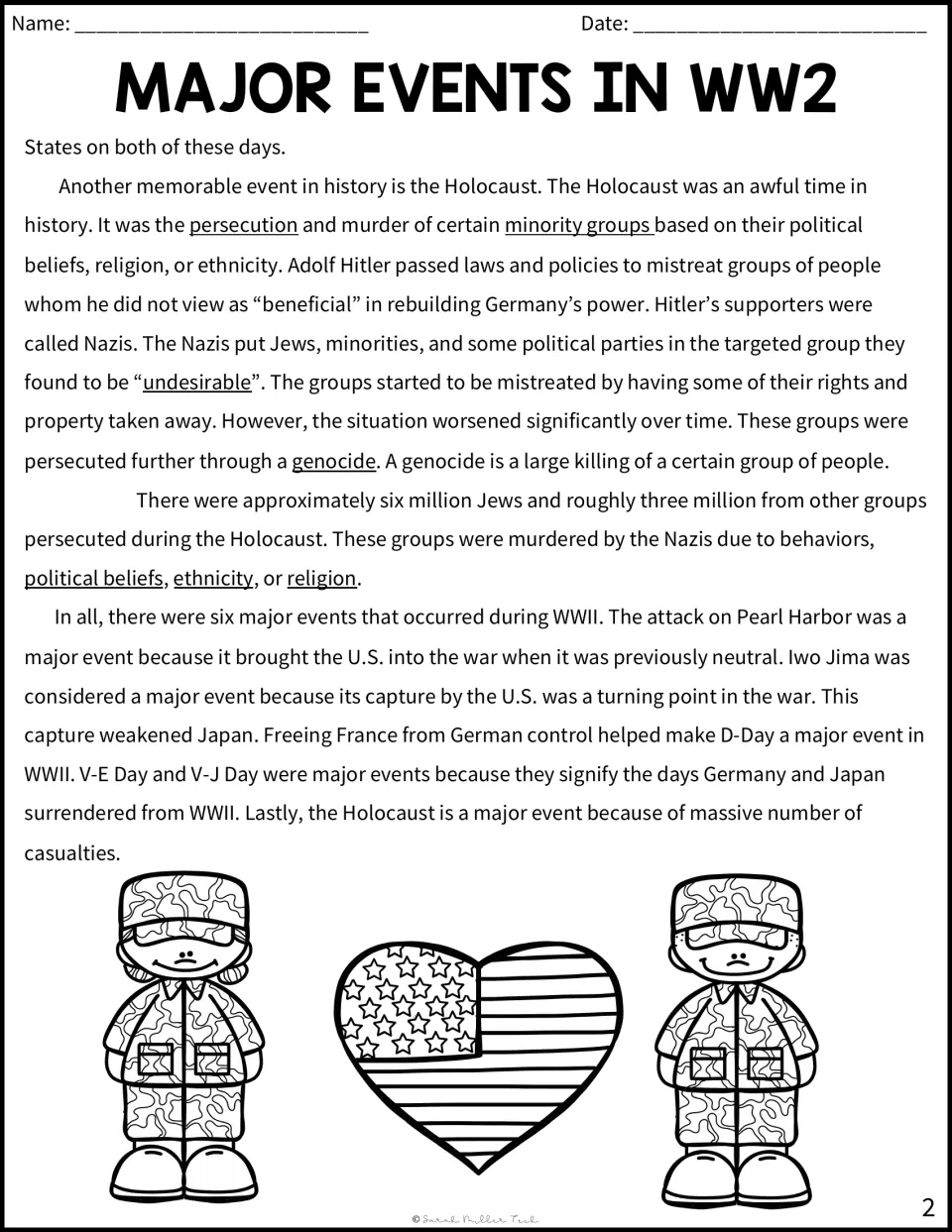 WW2 reading passage, part 2: the Holocaust and a summary of six major war events, with soldiers and a heart flag to color
