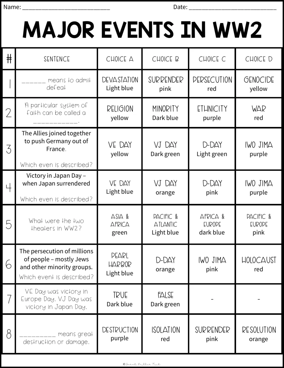 WW2 questions 1-8: students choose answers to vocabulary and event questions; each choice names a color to use