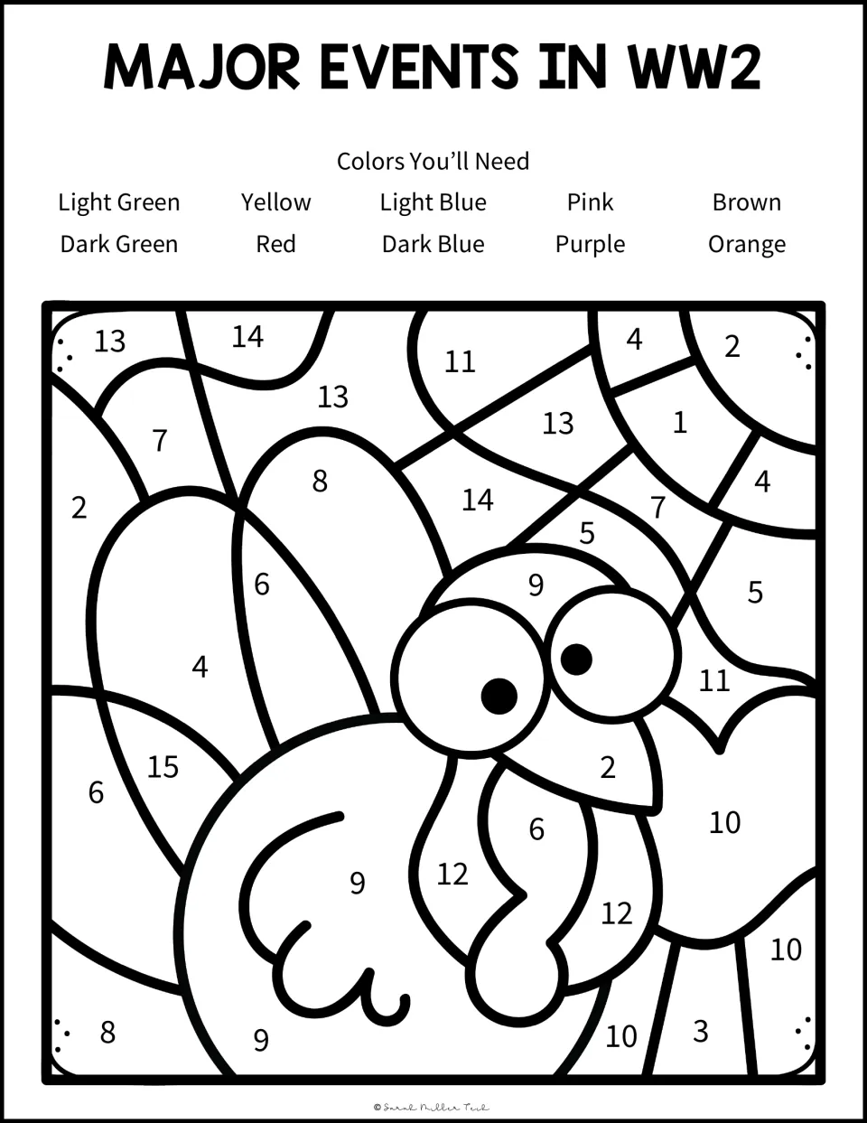 Color-by-number turkey: students color numbered spaces using the colors from their answers to questions 1 to 15