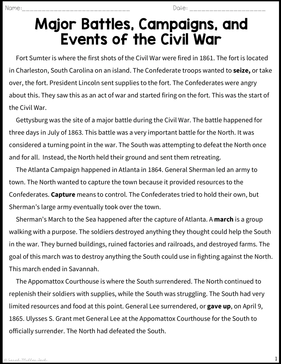 Civil War reading passage on Fort Sumter, Gettysburg, the Atlanta Campaign, Sherman's March and Appomattox, 1861 to 1865