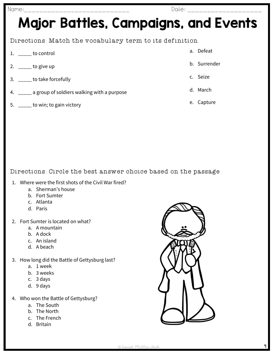 Civil War vocabulary and quiz: students match seize, capture, march, surrender and defeat, then answer 4 questions
