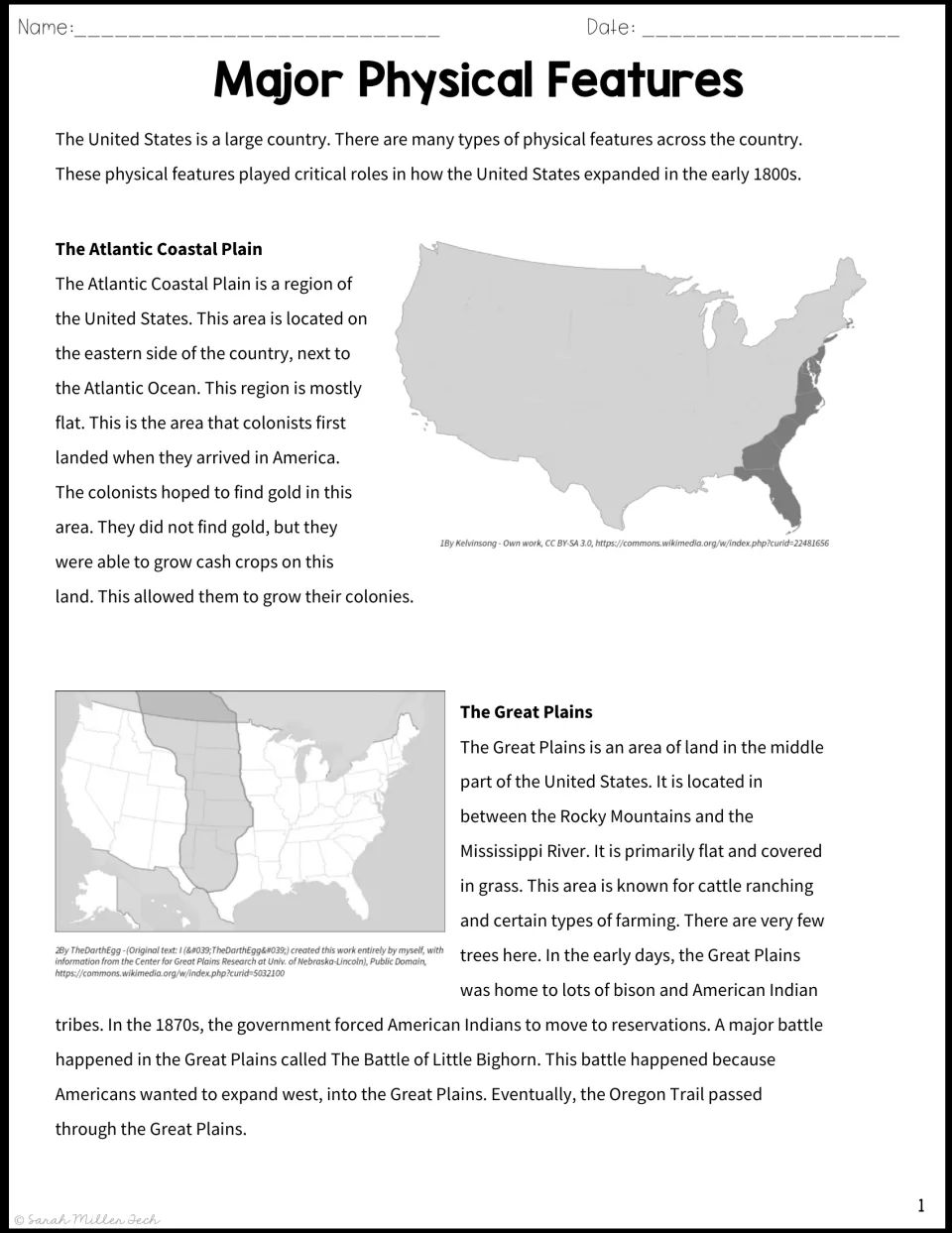 Reading passage on the Atlantic Coastal Plain and Great Plains, with maps and connections to U.S. history