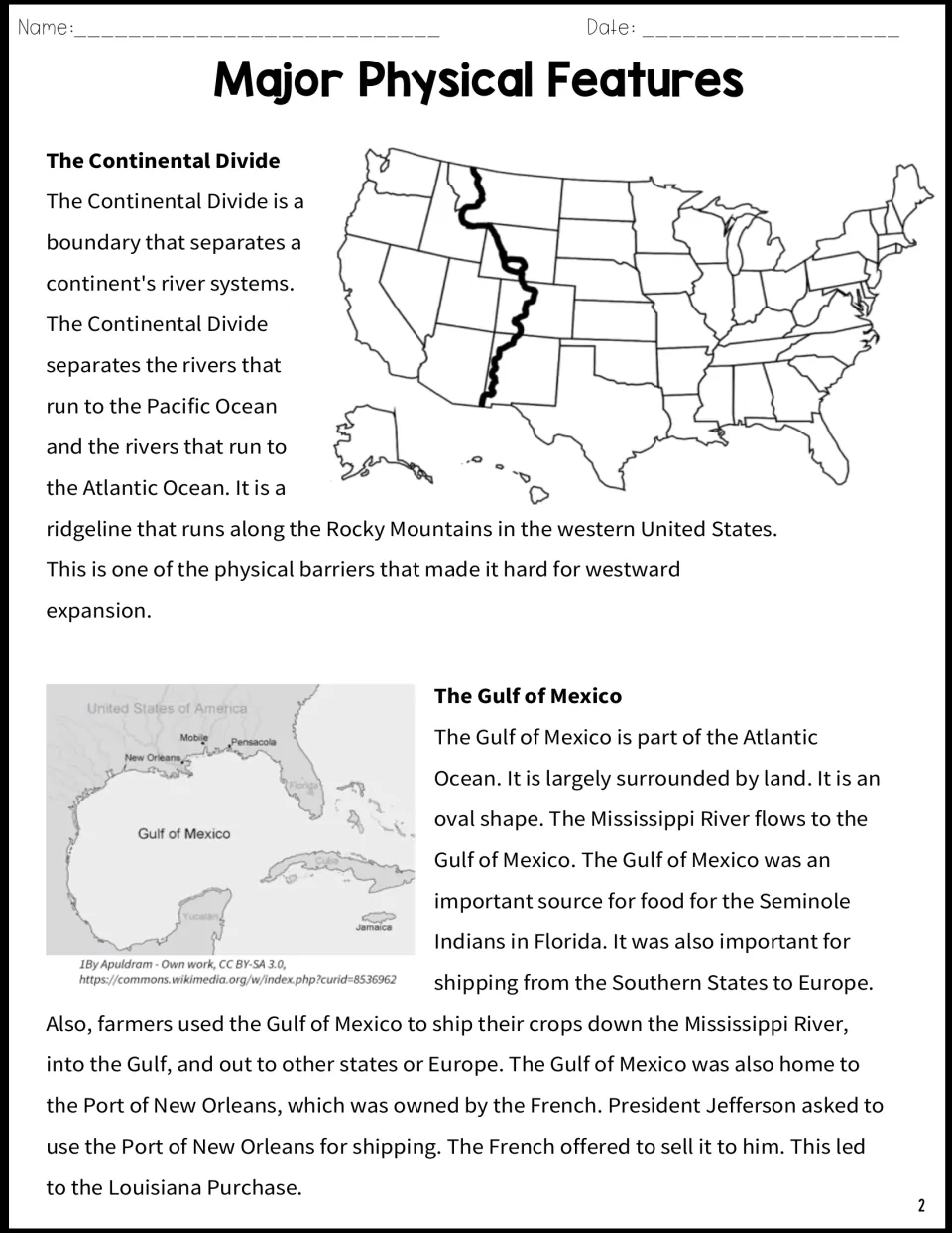 Reading passage on the Continental Divide and Gulf of Mexico, with maps linking geography to expansion