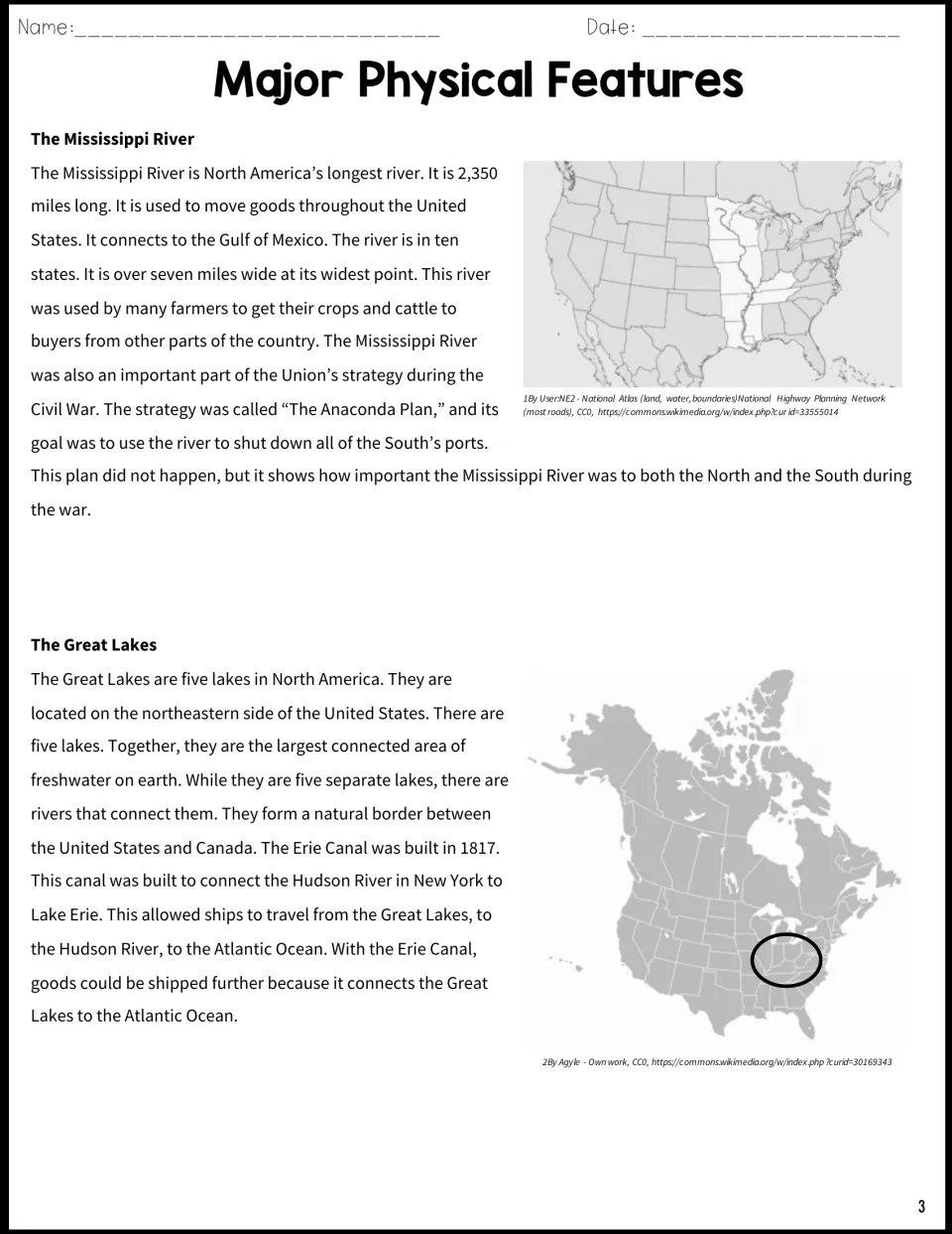 Reading passage on the Mississippi River and Great Lakes, with maps and details about shipping routes
