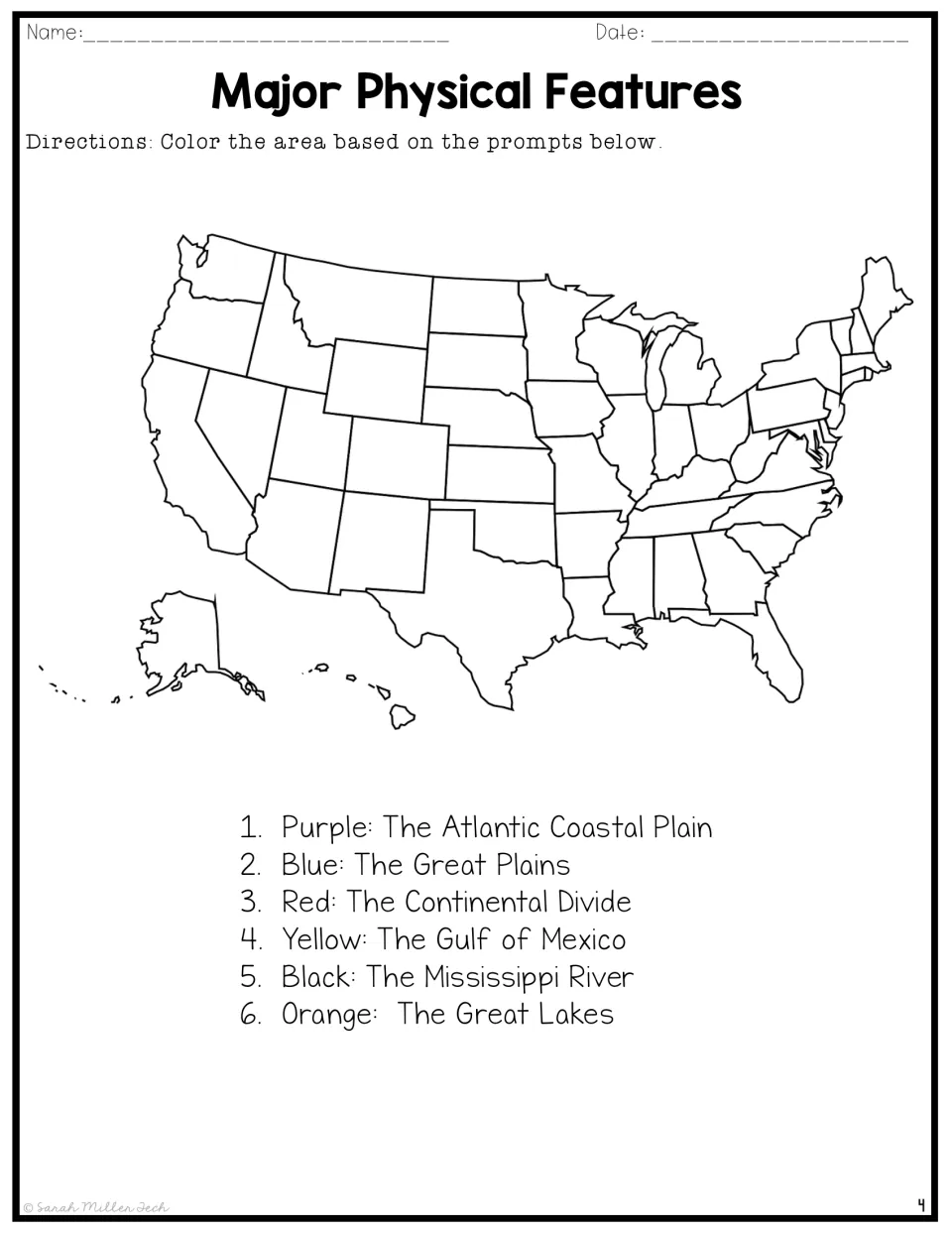 Map coloring activity assigning six colors to U.S. physical features, including the Great Plains in blue