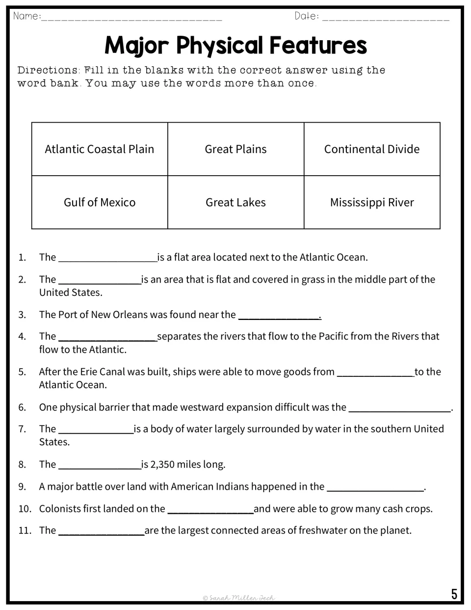 Eleven fill-in-the-blank geography questions using a word bank of six physical features of the United States
