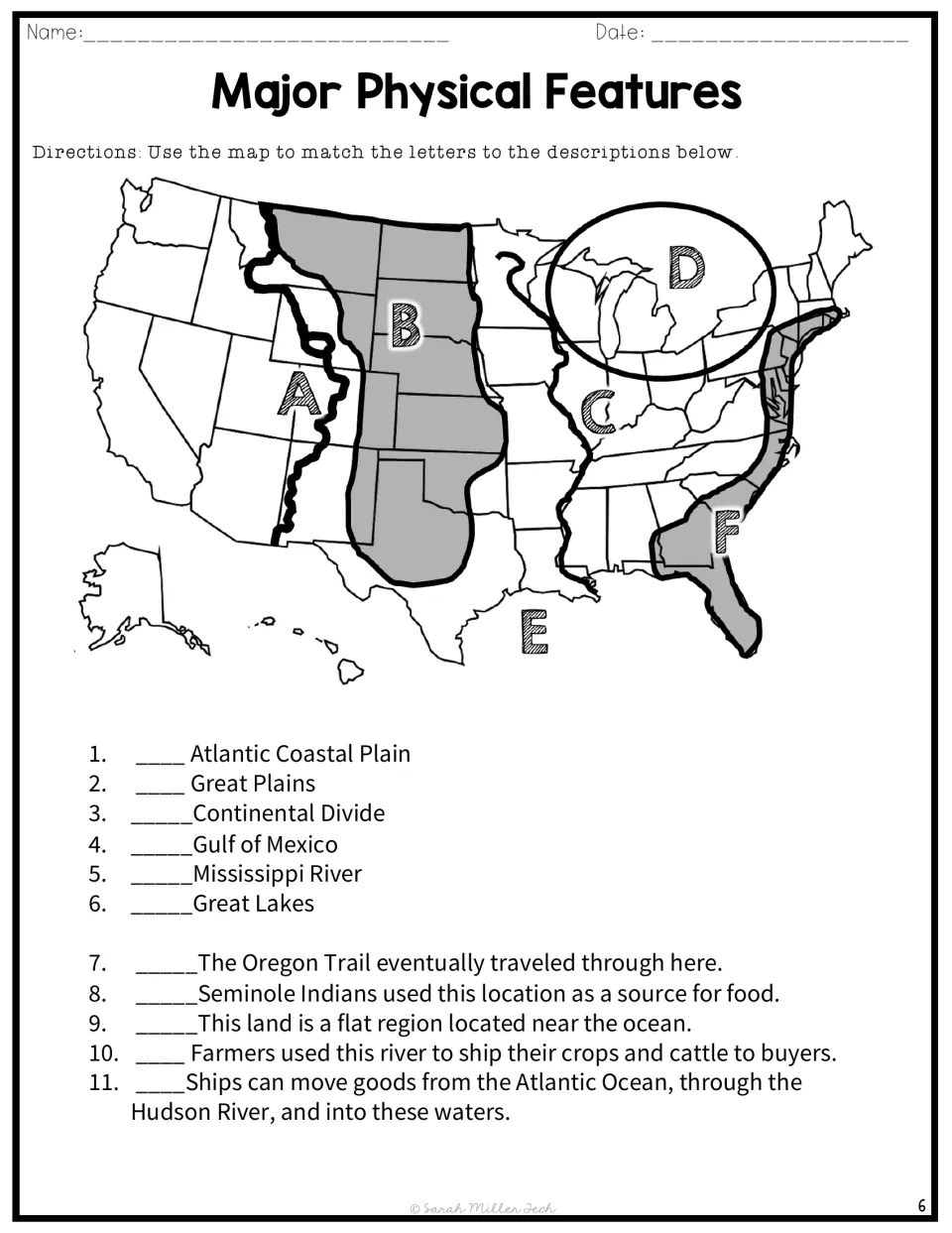 Map-matching activity with U.S. physical features labeled A–F and 11 prompts about names and historical uses