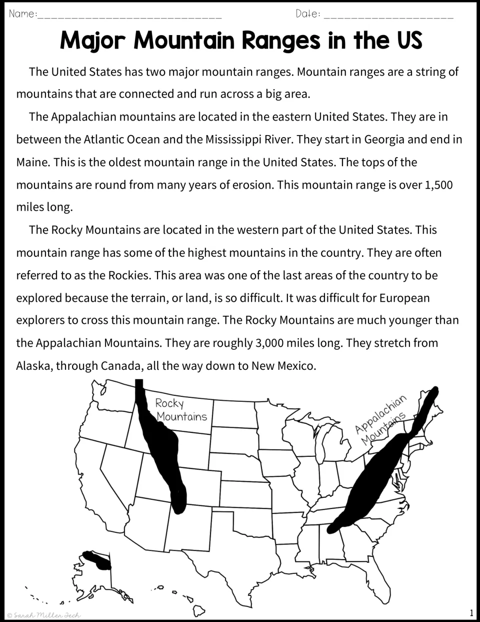 Reading passage comparing the Rocky and Appalachian Mountains, with a US map labeling both mountain ranges