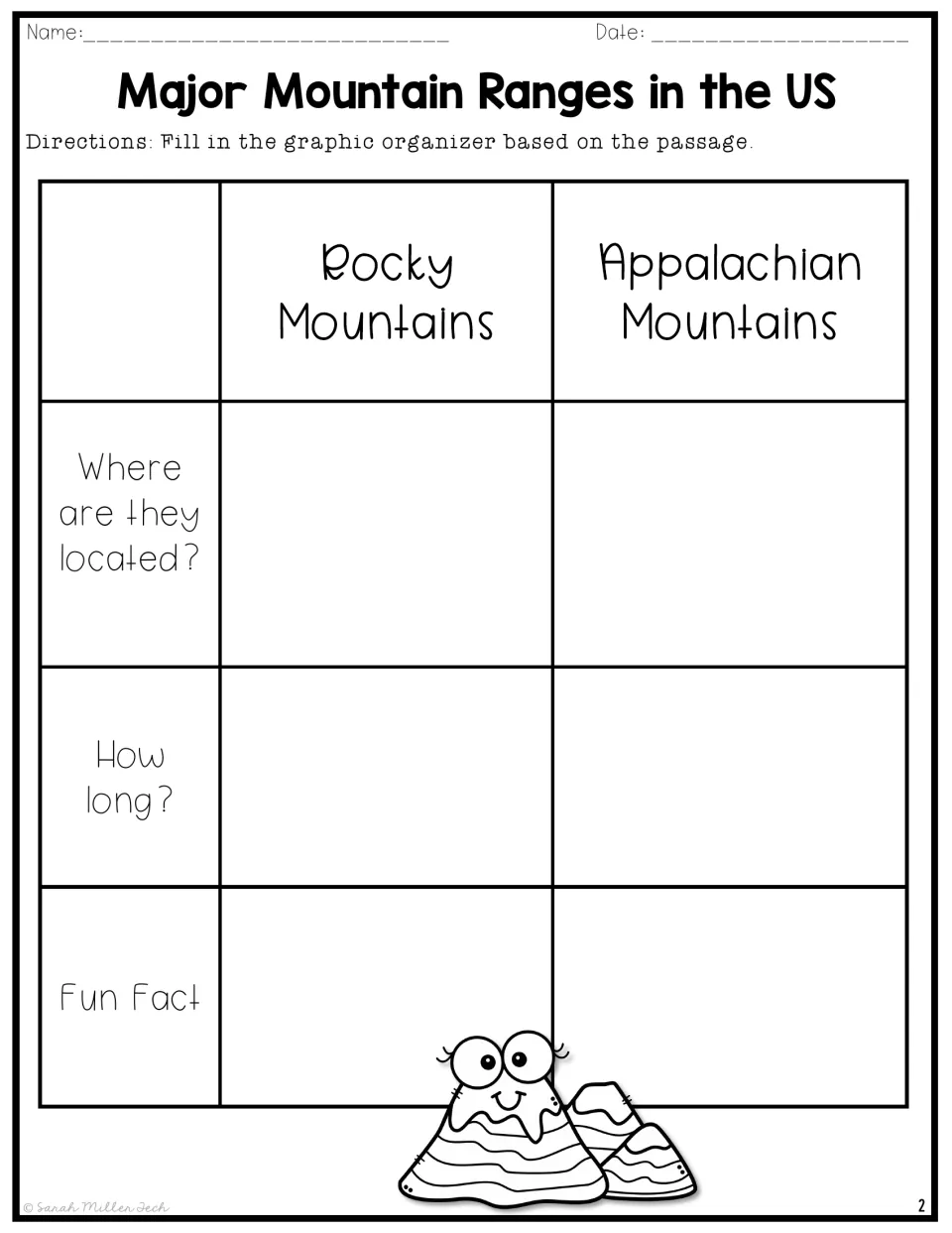 Comparison organizer for the Rocky and Appalachian Mountains asking for location, length, and a fun fact