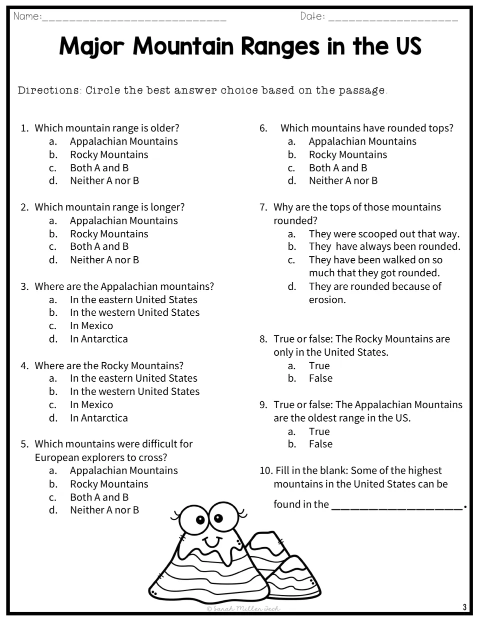 Ten passage questions about mountain range age, length, location, erosion, and European explorers