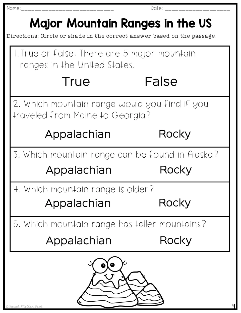Five passage questions comparing mountain ranges by number, location, age, and mountain height