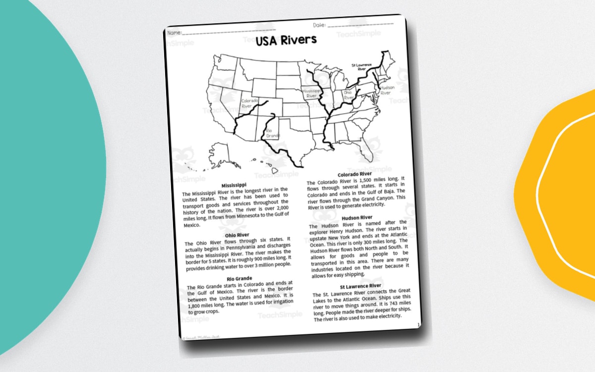 U.S. Rivers reading worksheet with a map, informational passage, and questions.