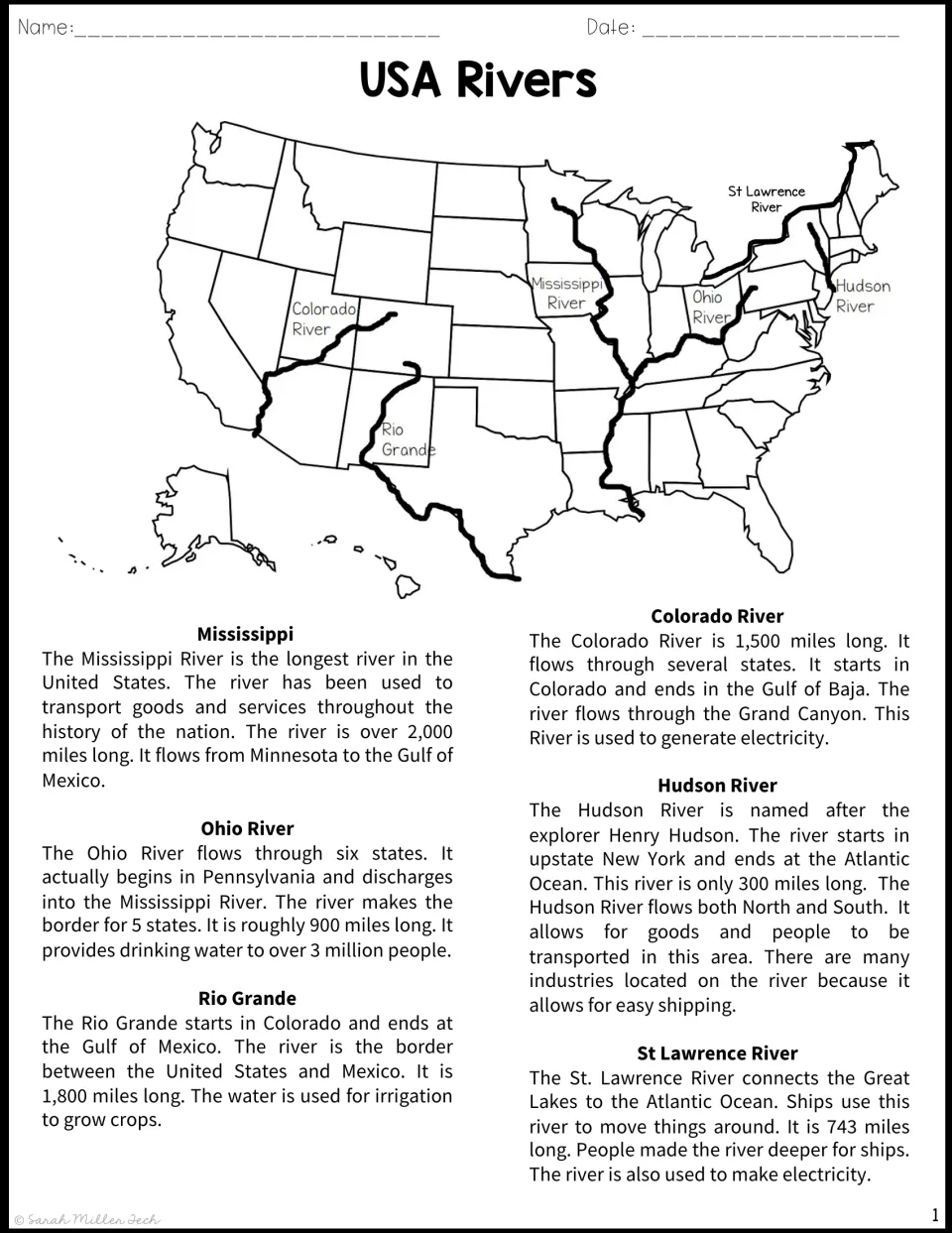 USA Rivers reading passage: students read about six rivers, from the Mississippi to the Hudson, traced on a US map