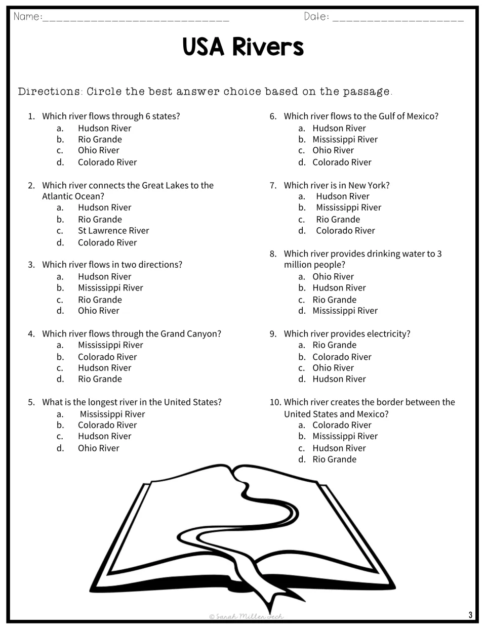 USA Rivers multiple-choice quiz: students circle a-d for 10 questions, such as which river flows through the Grand Canyon