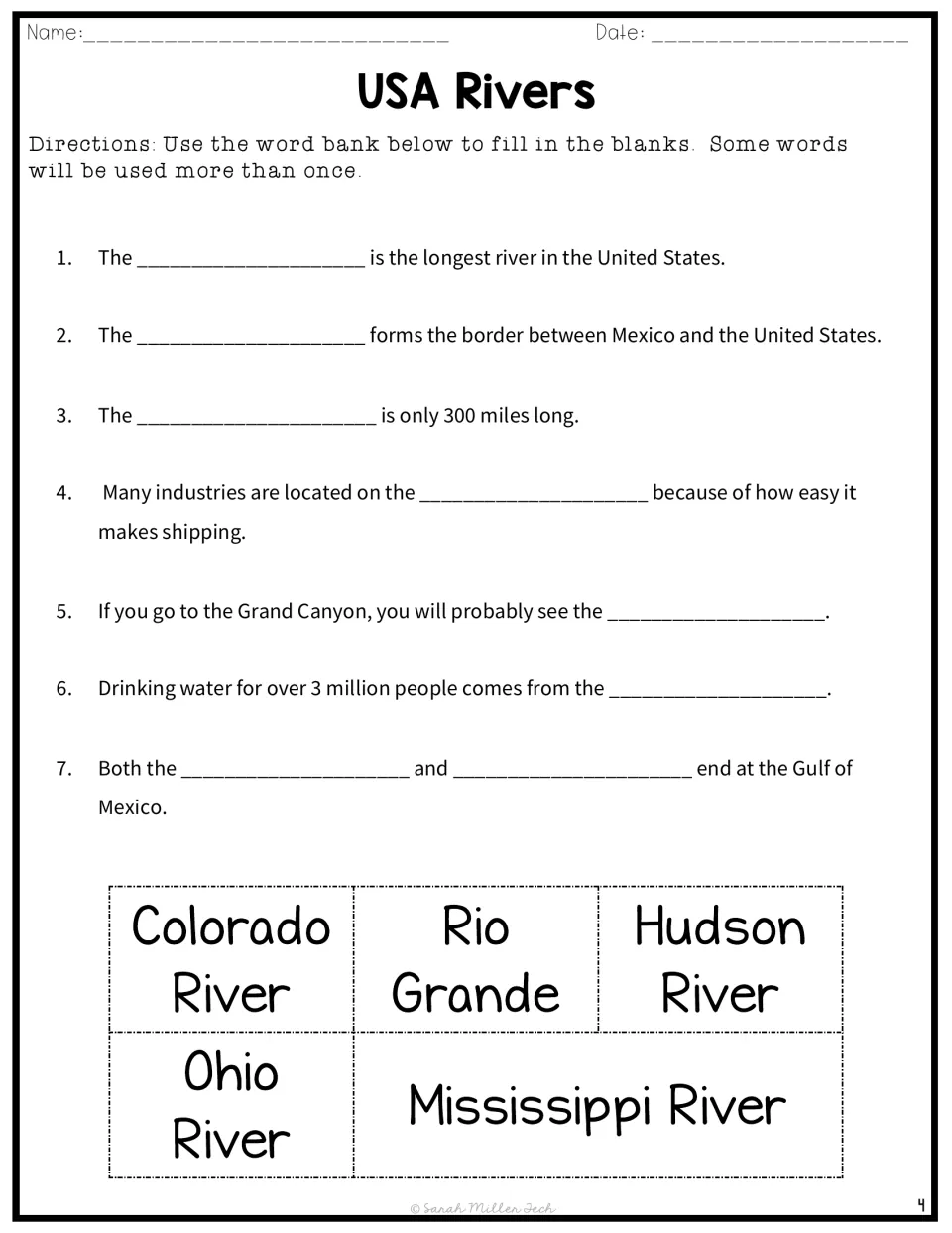River facts cloze: students fill 7 blanks with river names from a word bank, such as naming the longest US river