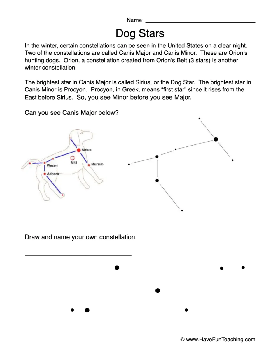 Dog Stars: students read about Canis Major, Sirius and Procyon, then connect dots to draw and name their own constellation
