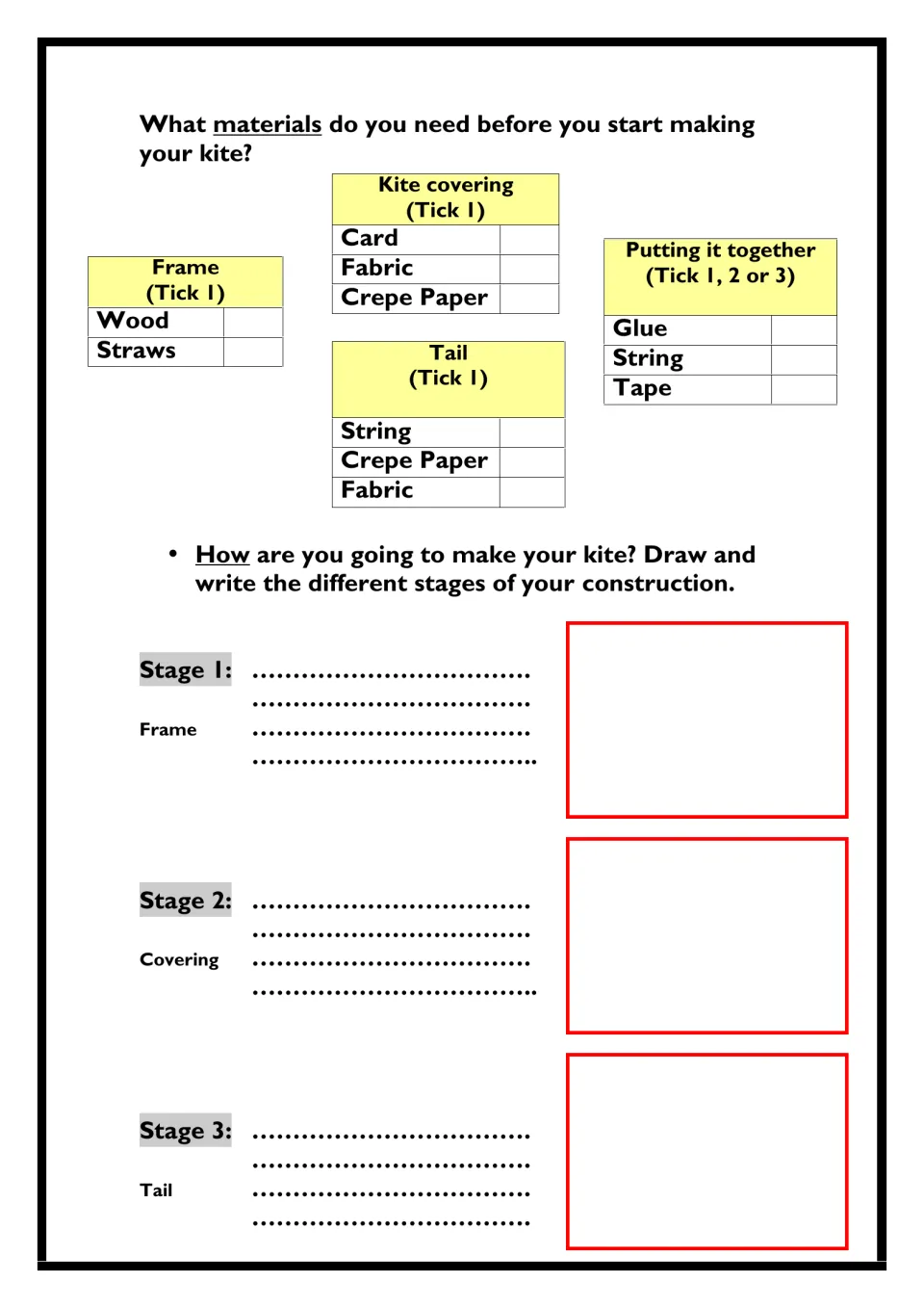 Kite materials and plan: students tick frame, covering, tail and fixing materials, then draw and describe stages 1 to 3