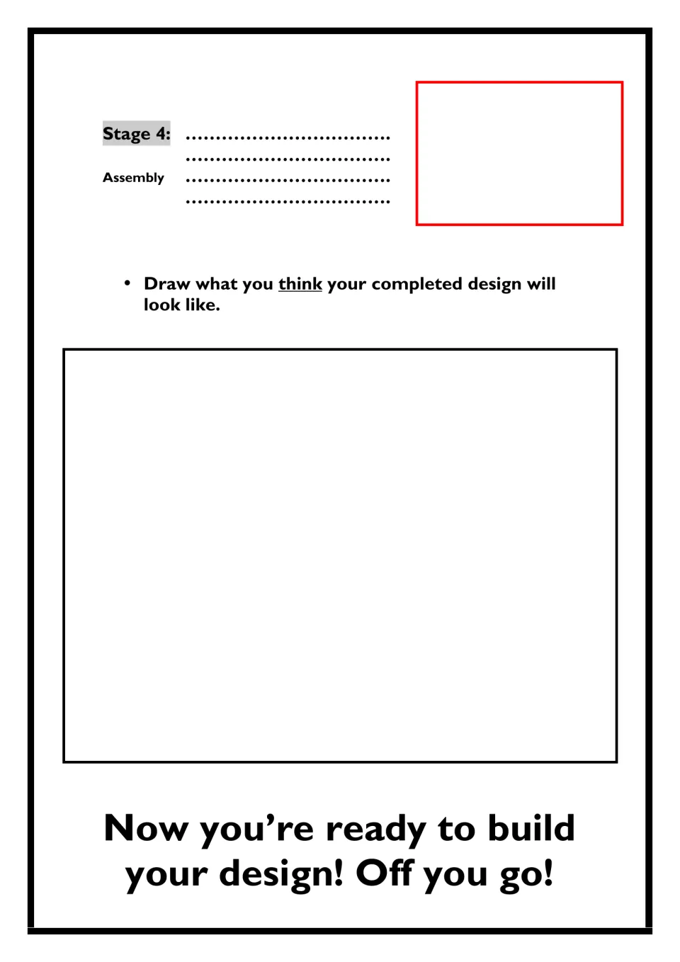 Kite build plan, stage 4 assembly: students describe and sketch assembly, then draw their predicted finished kite