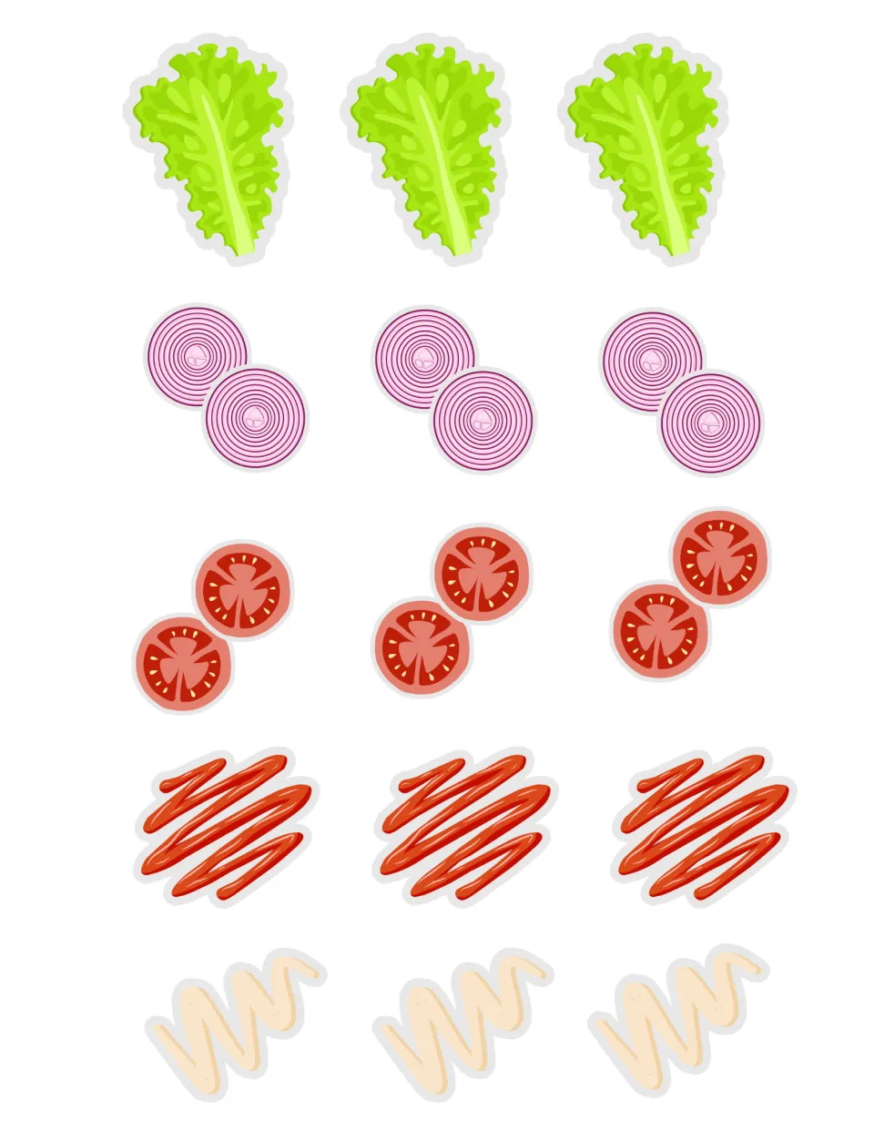 Toppings to cut out: three each of lettuce leaves, onion rings, tomato slices, ketchup and mayonnaise swirls