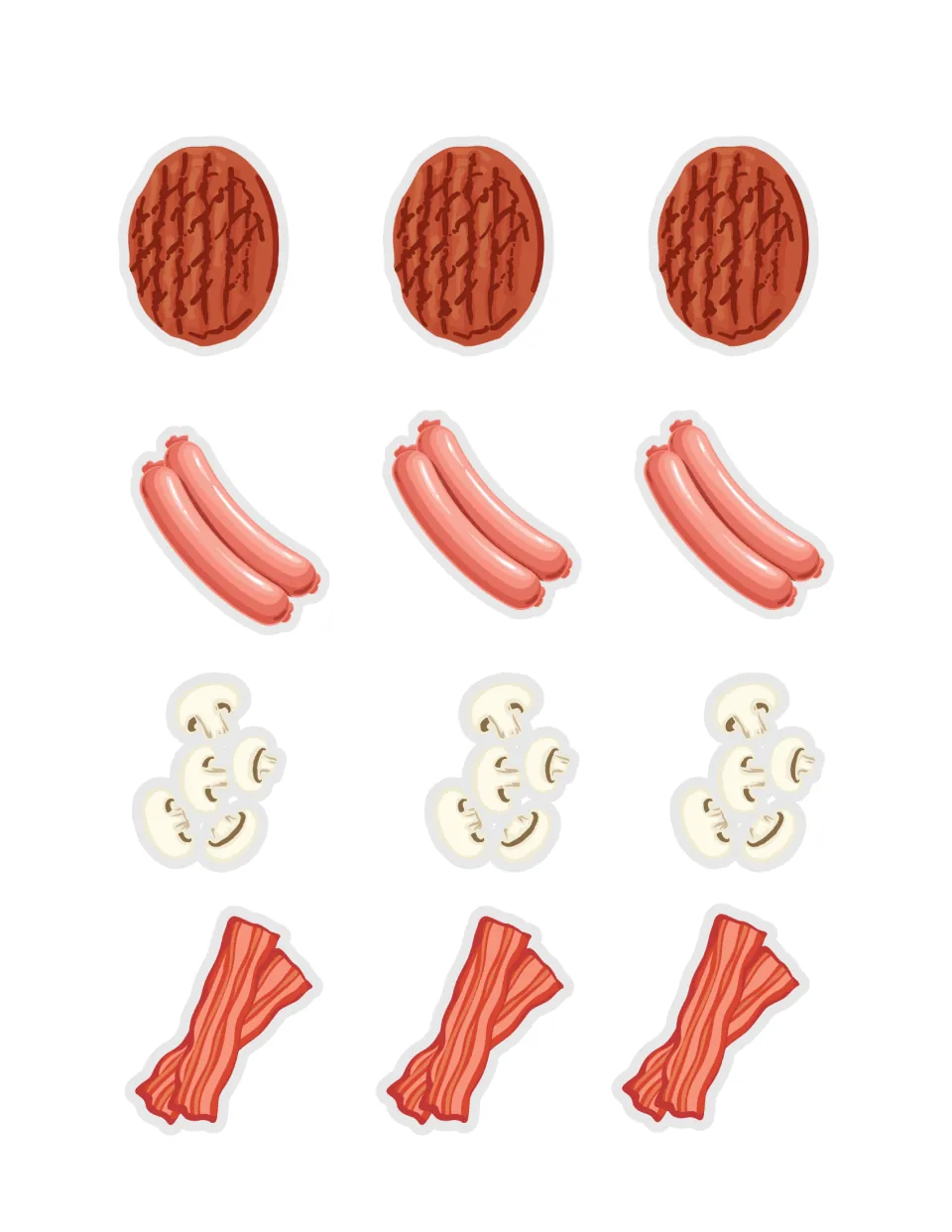 Sandwich fillings to cut out: three each of burger patties, sausages, sliced mushrooms and bacon strips