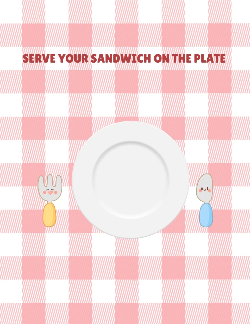 Serve your sandwich on the plate: children place their cut-out sandwich on a plate drawn on a pink picnic tablecloth