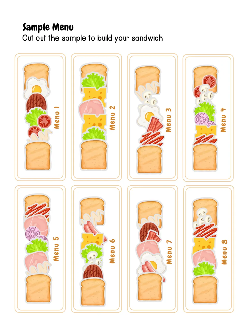 Sample Menu cards 1 to 8: children cut out each pictured sandwich recipe and copy its layers of ingredients in order