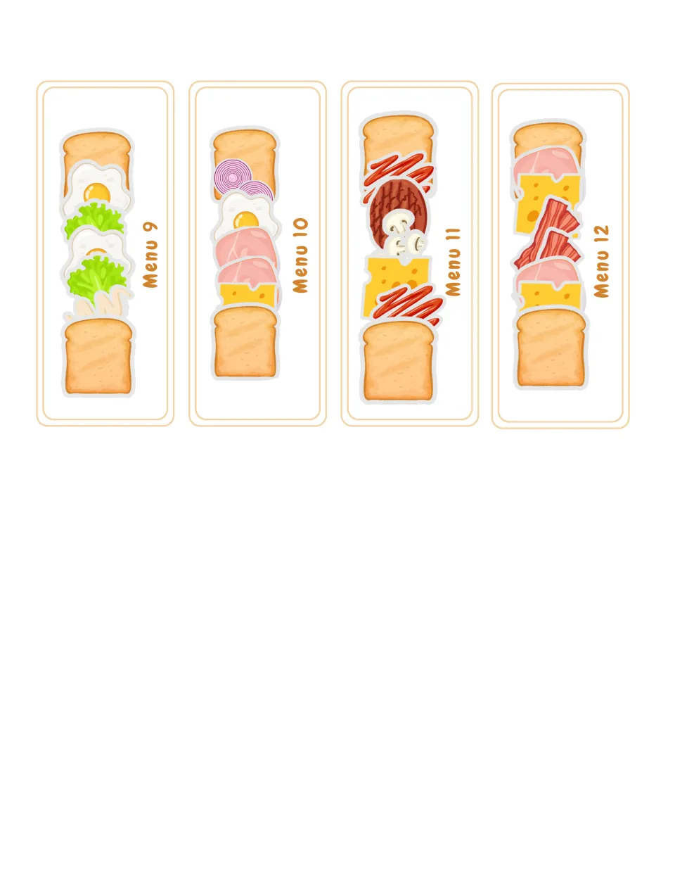Sample Menu cards 9 to 12: sandwich recipes to copy with egg, lettuce, onion, ham, cheese, patty, mushroom and bacon