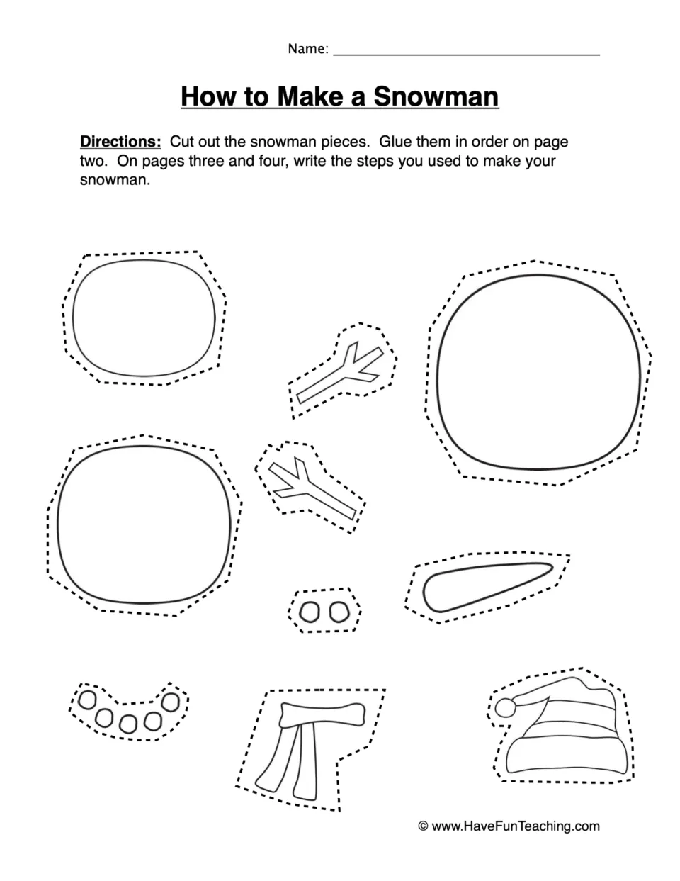 How to Make a Snowman: students cut out snowballs, stick arms, hat, scarf, carrot nose, eyes and mouth to glue in order