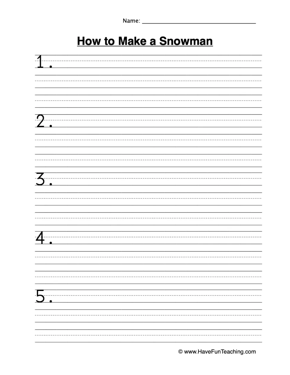 Procedural writing, steps 1 to 5: students write the first steps they followed to build their snowman, in sequence