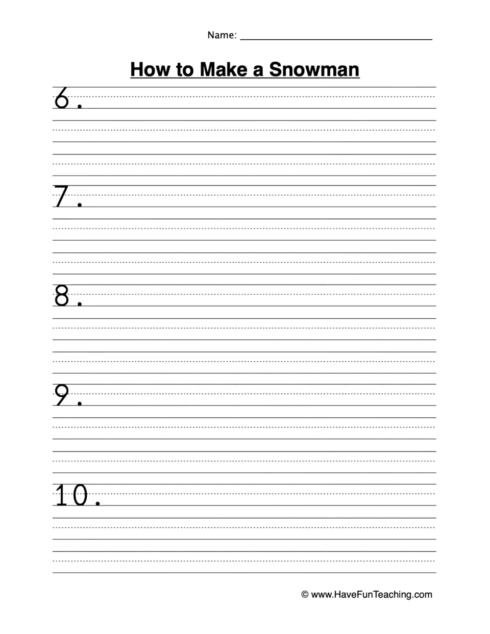 Procedural writing, steps 6 to 10: students finish writing the remaining steps of their snowman build in order