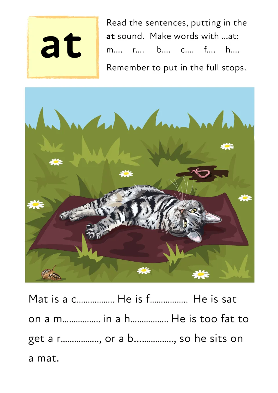 Word family 'at': students fill in cat, fat, mat, hat, rat and bat to finish a story about Mat the cat lying on a mat