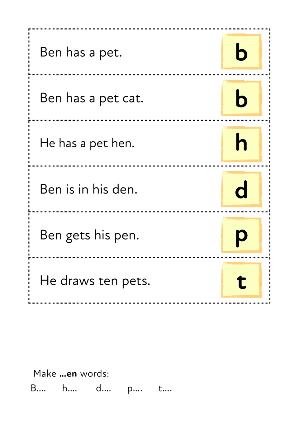 en word book strips to cut out: six sentences from 'Ben has a pet.' to 'He draws ten pets.', each with a first-letter tile