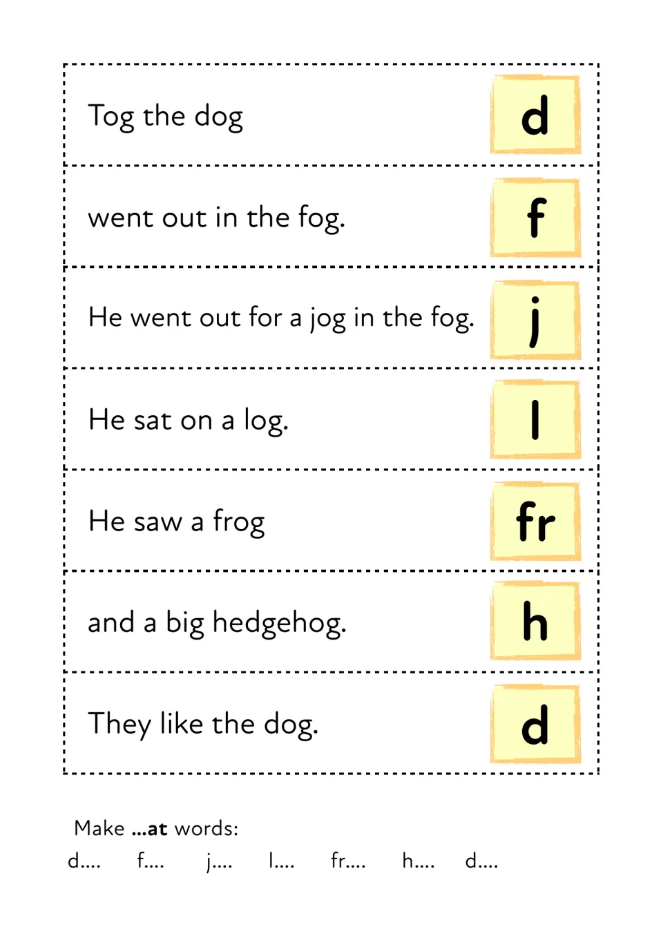 Tog the dog mini-book cut-out strips: seven story lines with -og words, each tagged with its onset letter d, f, j, l, fr, h
