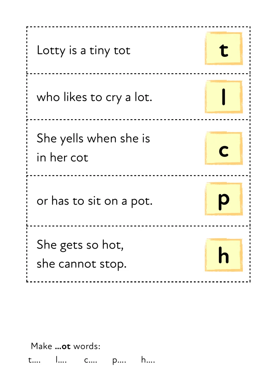 Lotty story cut-out pieces: five sentence strips ending in tot, lot, cot, pot and hot, each with its starting letter