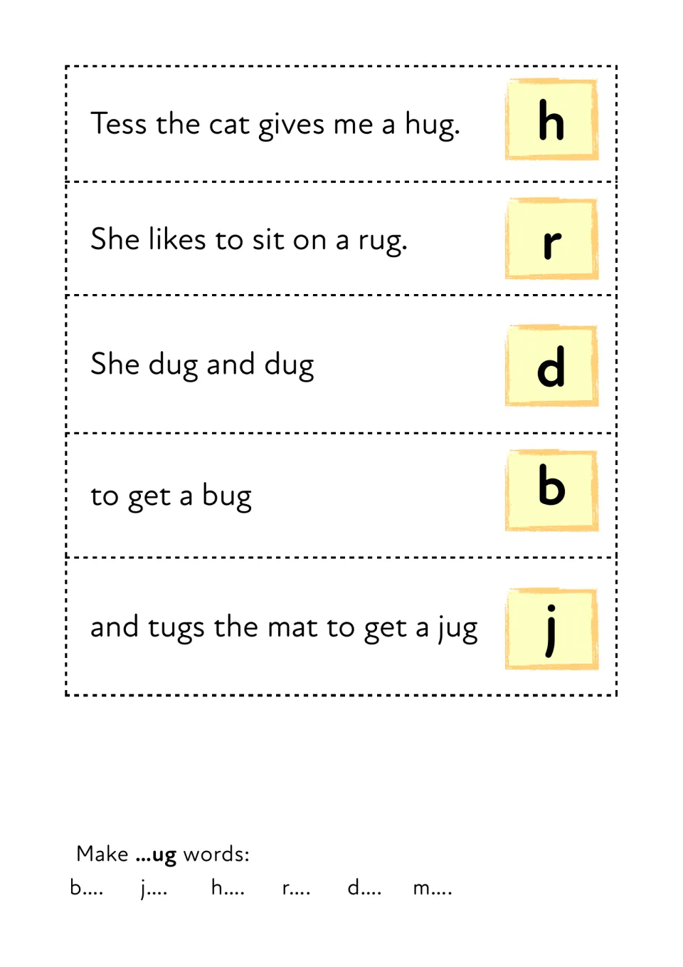 Cut-out booklet pages: five Tess the cat sentences using hug, rug, dug, bug and jug, plus a prompt to write more ug words