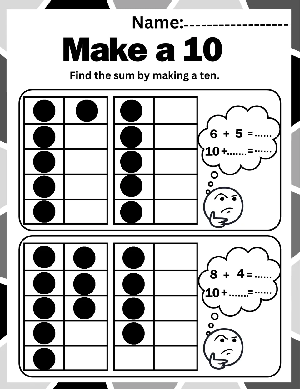 Make a 10 with ten frames: dots show 6 + 5 and 8 + 4, and students regroup to fill in 10 + ___ and find each sum