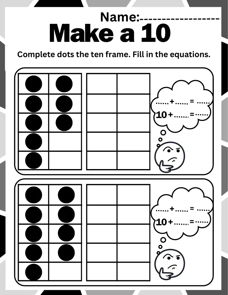 Ten frame practice: pre-drawn dots of 8 and 9 to complete, then students write matching make-a-ten equations