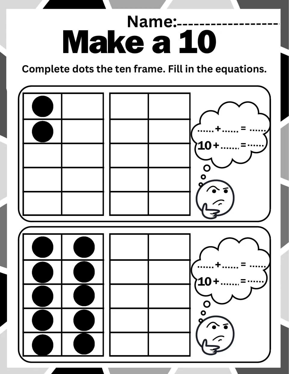 Dot drawing practice: one frame starts at 2 and another is already full at 10; students add dots and write both equations