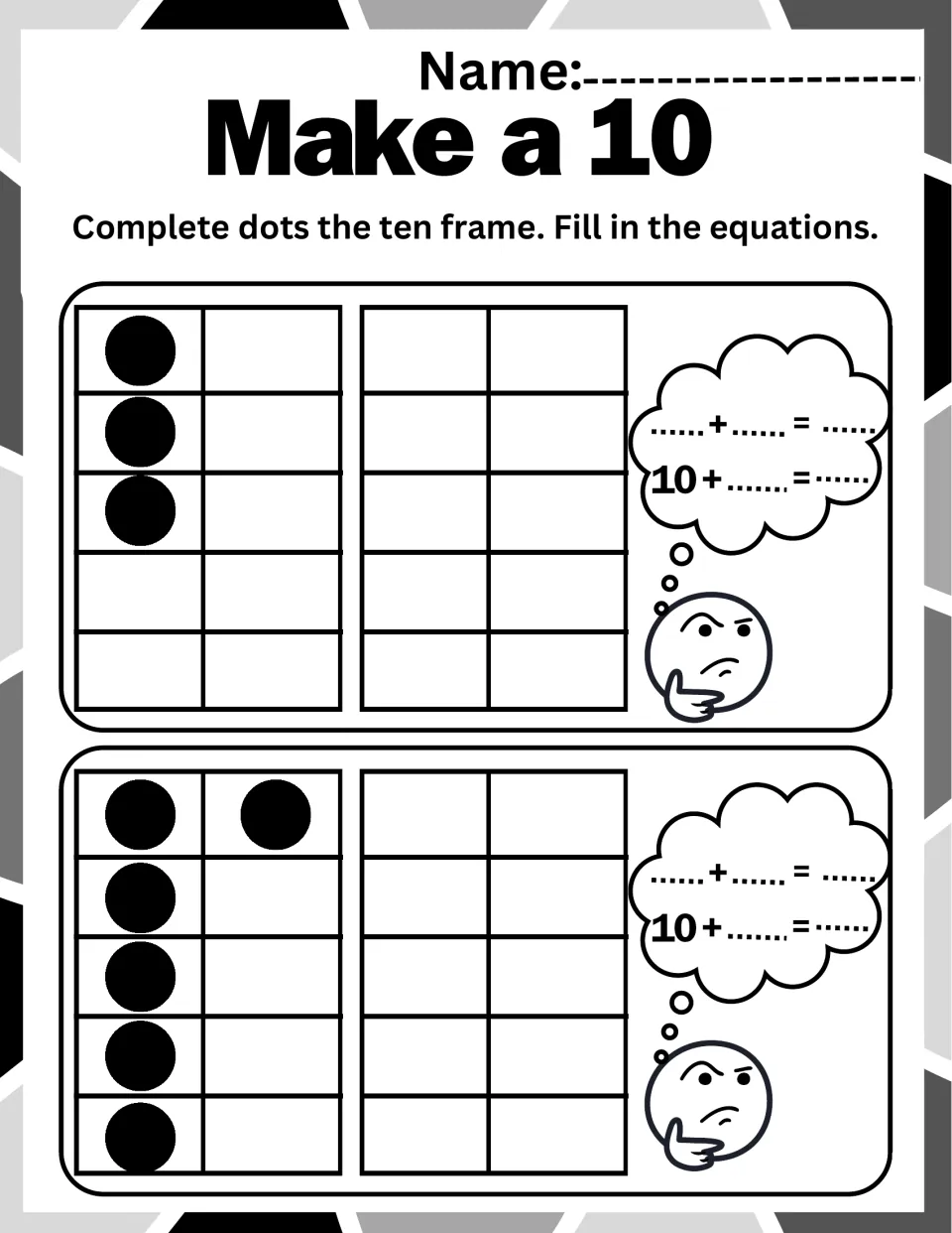 Adding by making ten: students finish ten frames that show 3 and 6 dots and write the two equations for each
