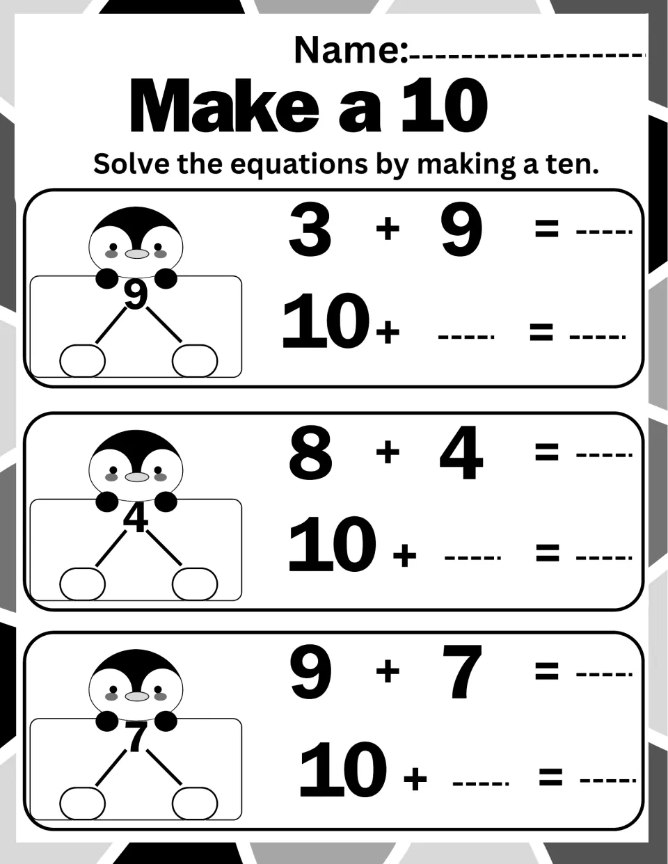 Number bonds with penguins: students break apart 9, 4 and 7 to make a ten for 3 + 9, 8 + 4 and 9 + 7